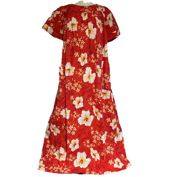 Sears Dresses & Skirts - Vtg Sears Housecoat Red Floral 60s 70s Maxi Dress Mod Pockets Muumuu Hawaiian S